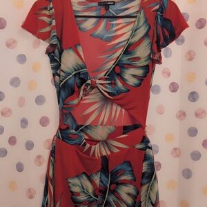 Red Tropical Print Romper